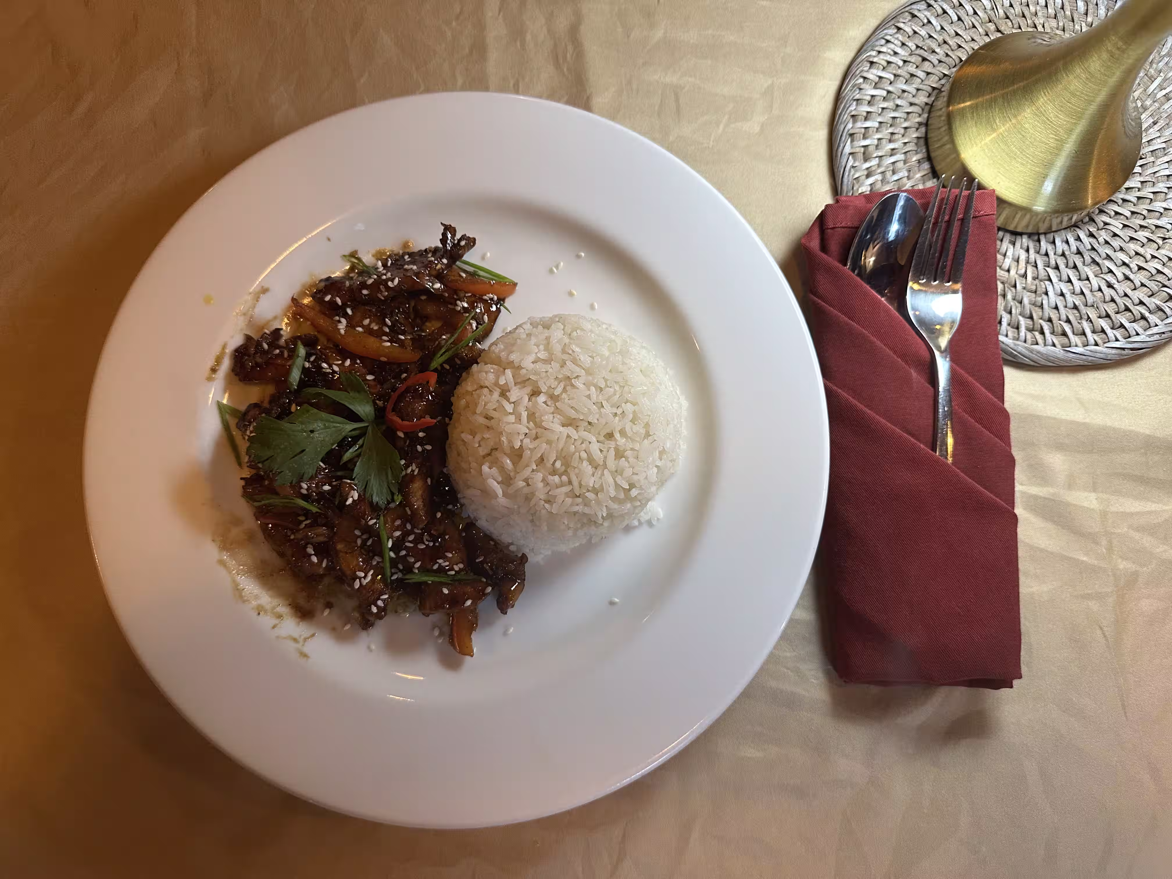 Savory dish and rice on a warm evening table